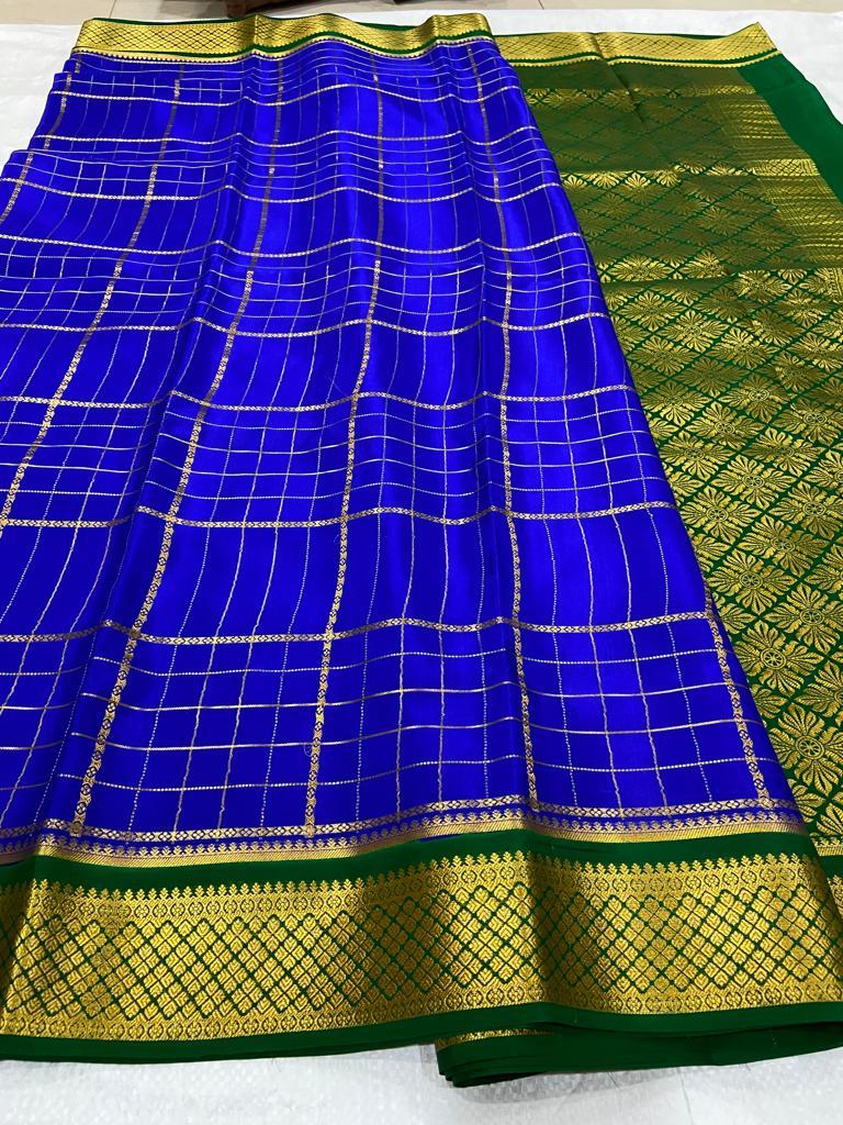 Zari Checked Royal Blue Mysore Silk Saree – Sundari Silks