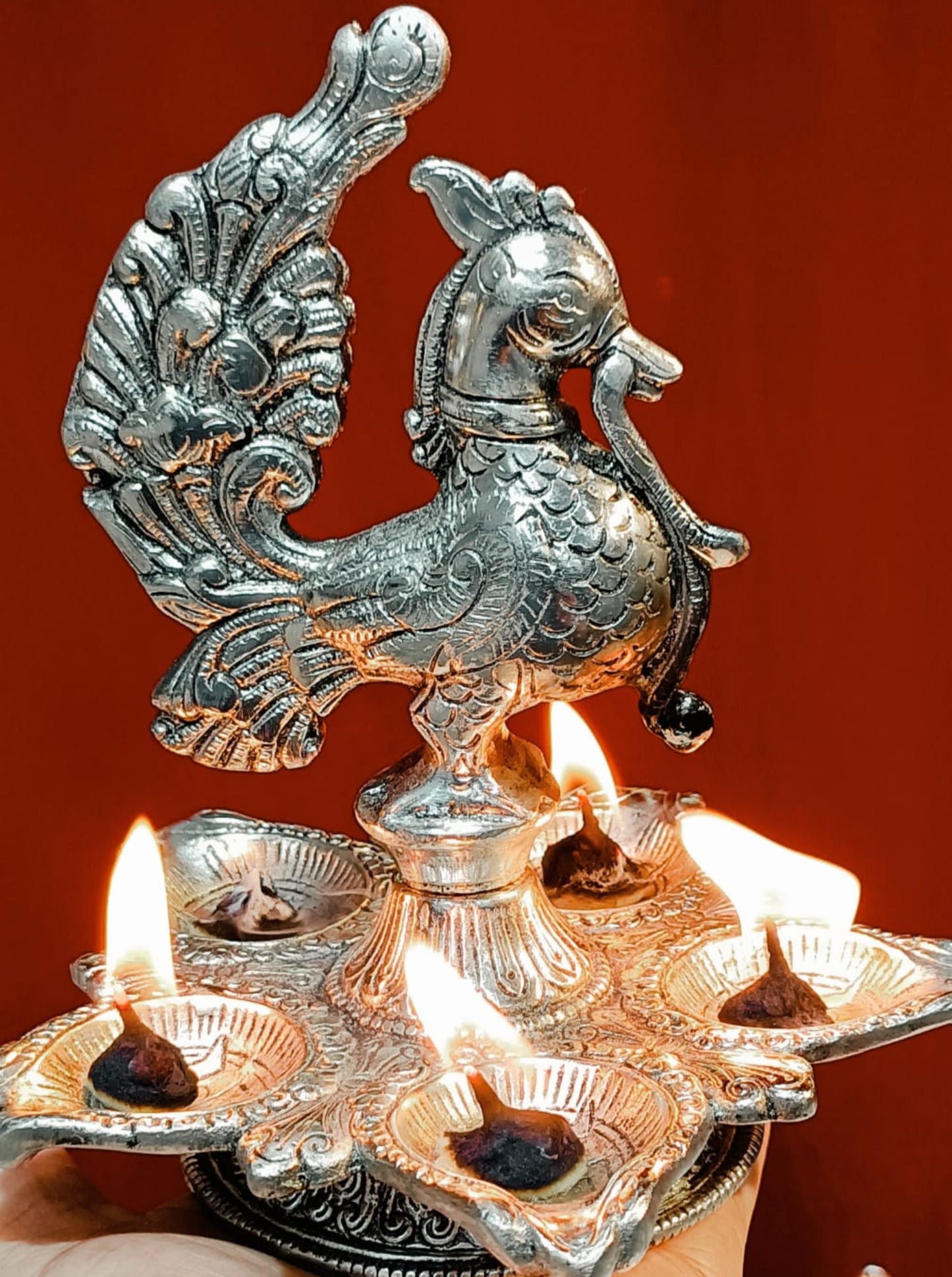German Silver Antique Finish Peacock Panchmukhi Diya Pair