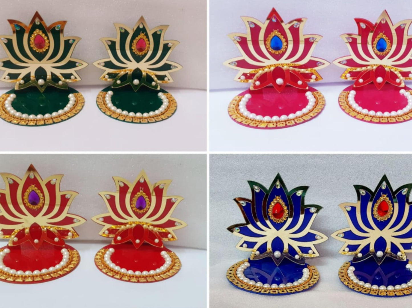 Acrylic Decorated Lotus Diya Stand in pair