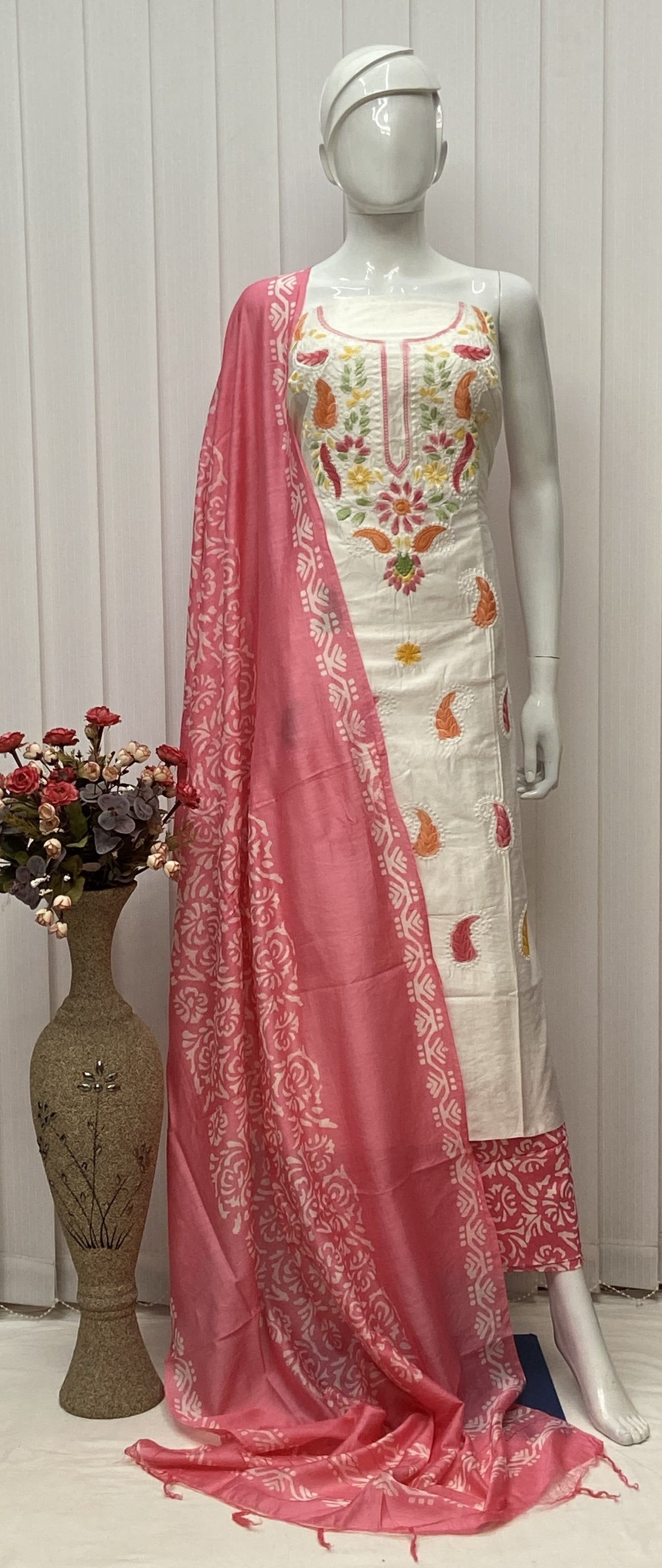 Cotton Silk Lucknowi Dress Materials