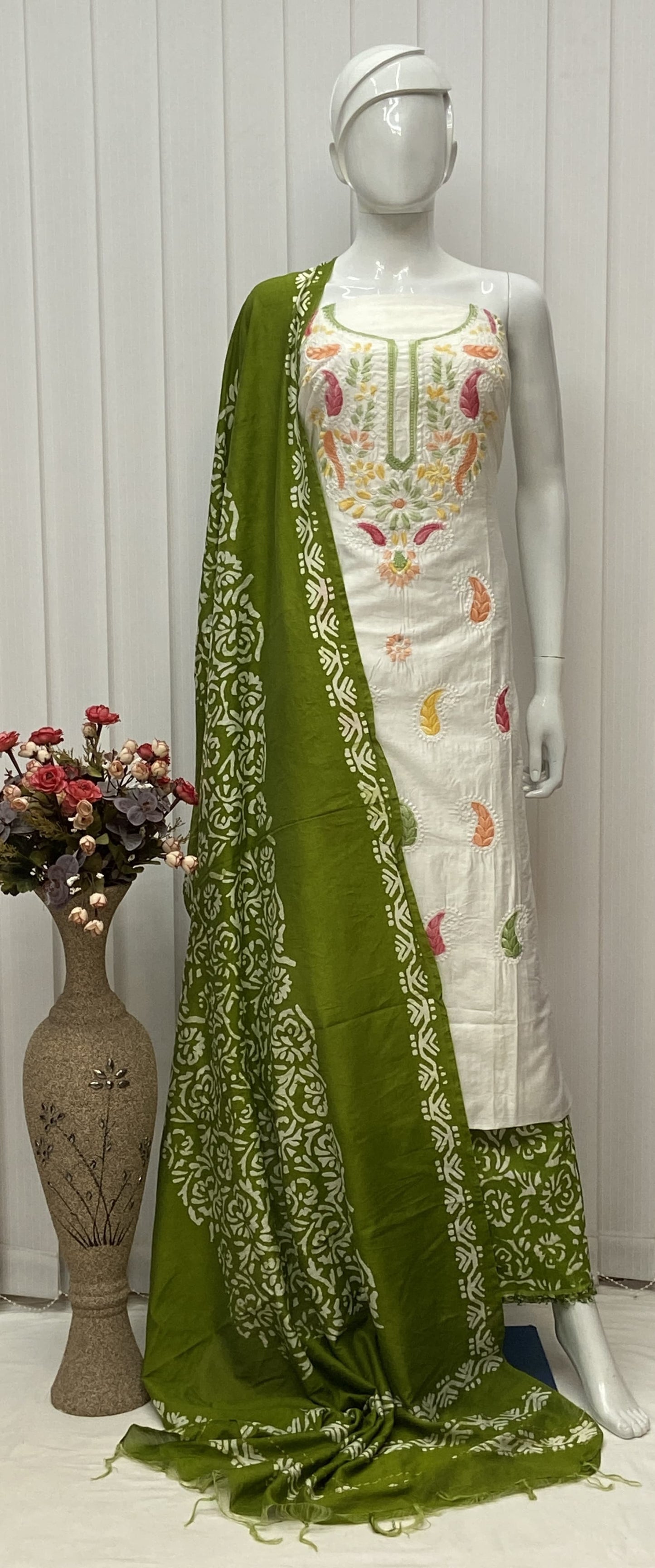 Cotton Silk Lucknowi Dress Materials