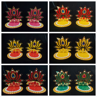 Acrylic Decorated Lotus Diya Stand in pair