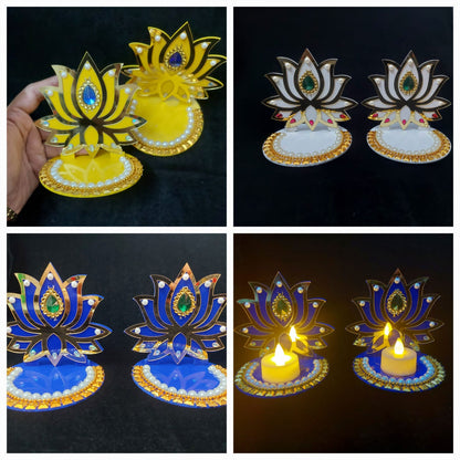 Acrylic Decorated Lotus Diya Stand in pair