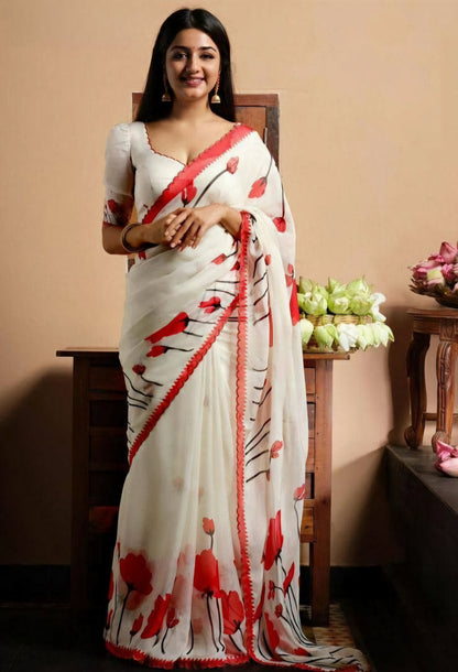 Christmas Special White Floral Linen Sarees