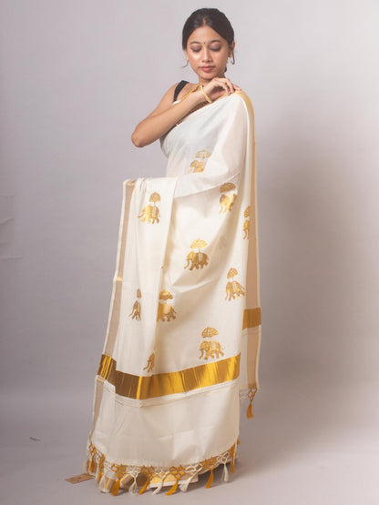 Kerala Saree with Embroidery in 
Golden Zari