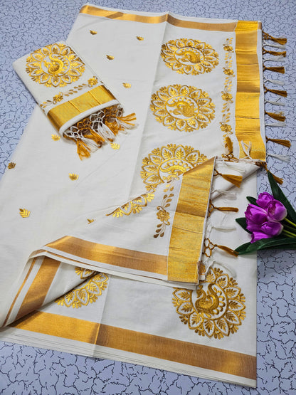 Kerala Saree with Embroidery in 
Golden Zari