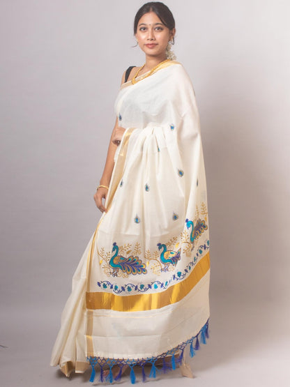 Kerala Saree with Embroidery in 
Golden Zari