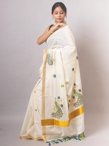 Kerala Saree with Embroidery in 
Golden Zari