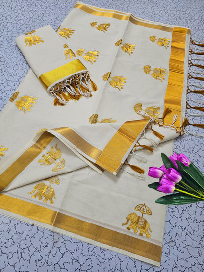 Kerala Saree with Embroidery in 
Golden Zari