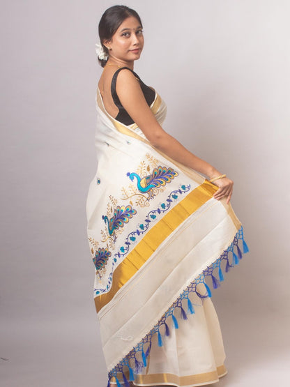 Kerala Saree with Embroidery in 
Golden Zari