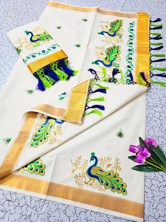 Kerala Saree with Embroidery in 
Golden Zari