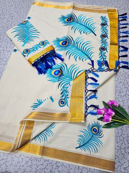 Kerala Saree with Embroidery in 
Golden Zari