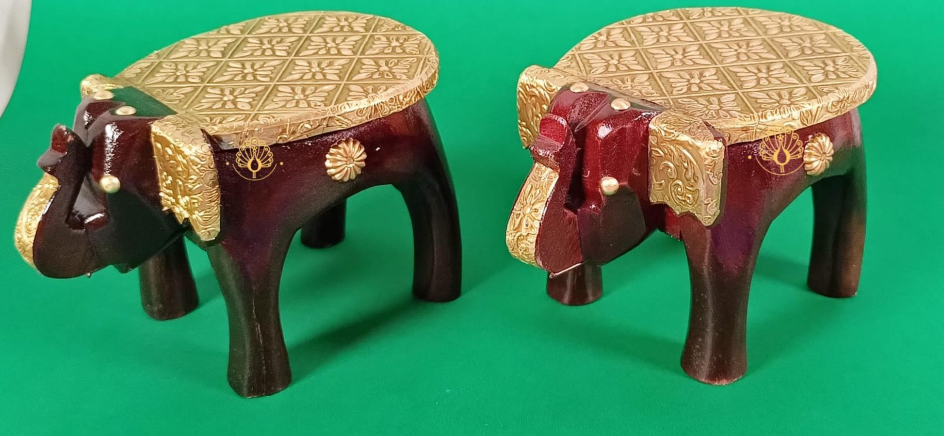 Wooden Brass Elephant Stool Home Decor