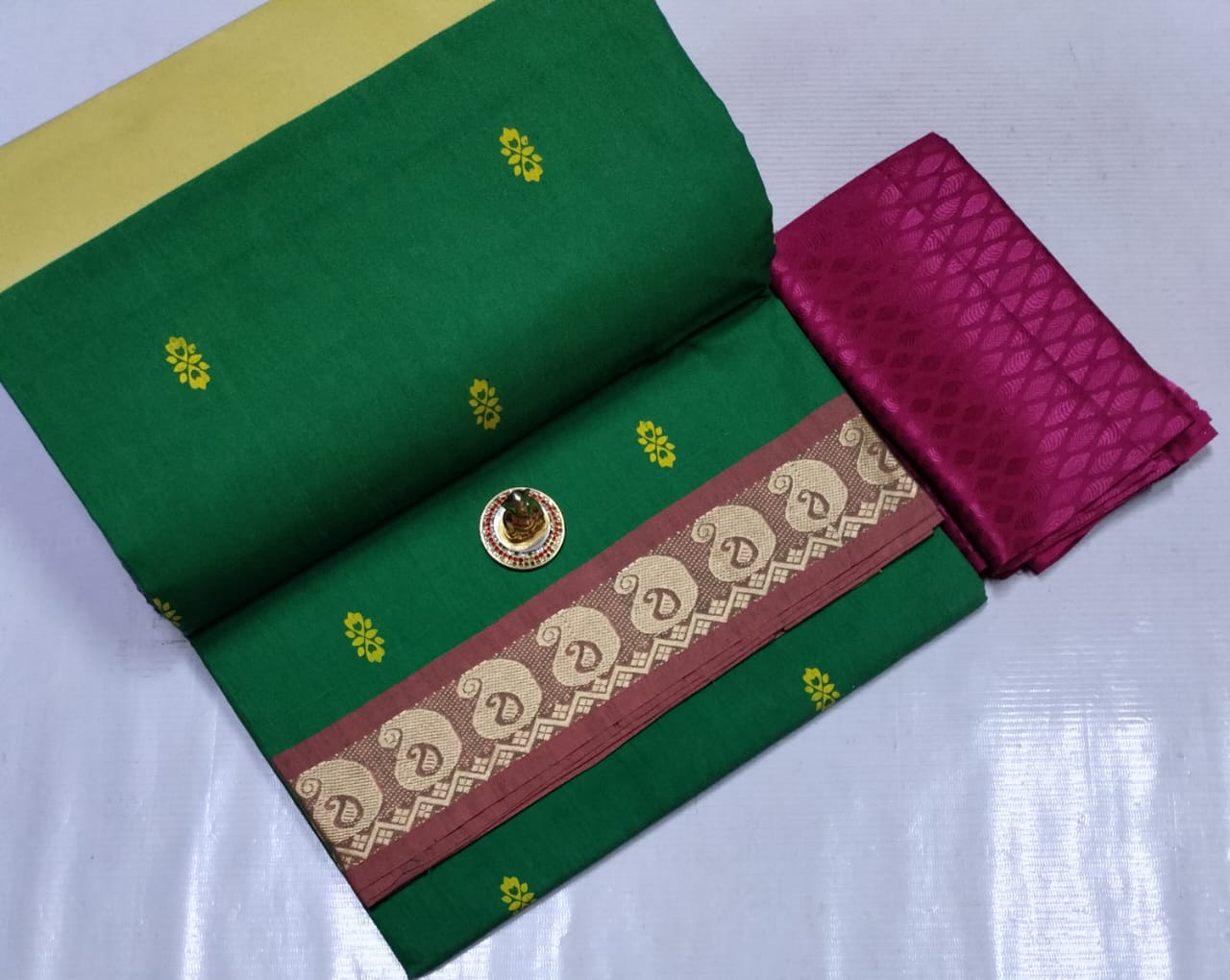 Chettinad Poly Cotton sarees with Kalamkari Blouse bit