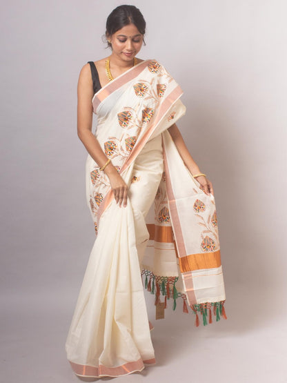 Kerala Saree with Embroidery in 
Copper zari