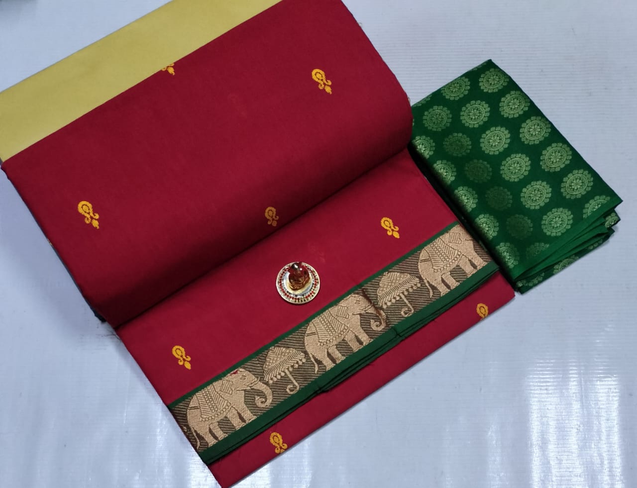 Chettinad Poly Cotton sarees with Kalamkari Blouse bit