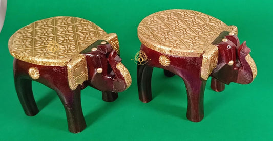 Wooden Brass Elephant Stool Home Decor