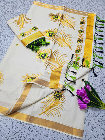 Kerala Saree with Embroidery in 
Golden Zari