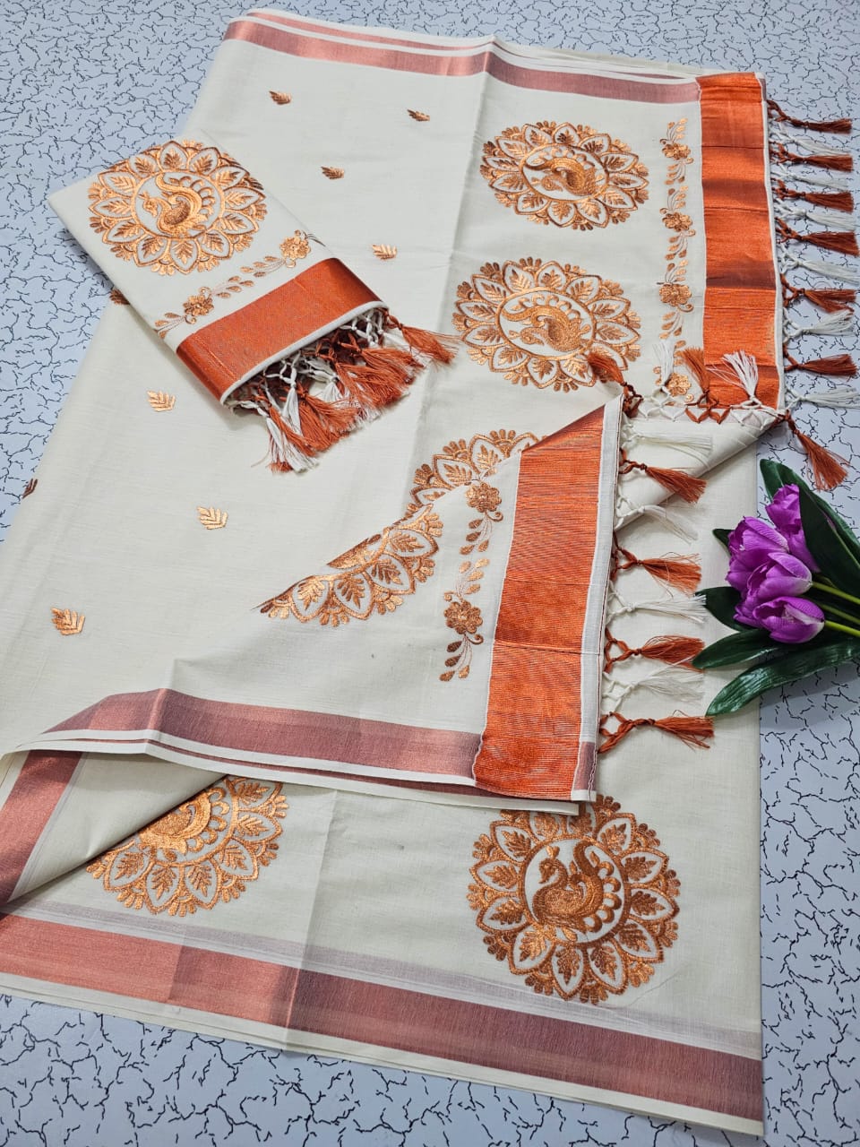 Kerala Saree with Embroidery in 
Copper zari