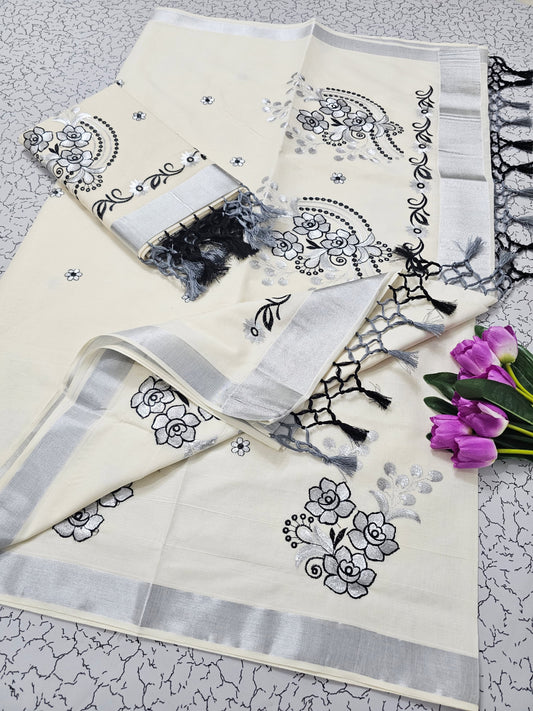 Kerala Saree with Embroidery in Silver Zari