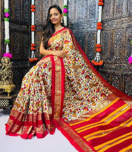 Kalamkari Print Dola Silk Sarees