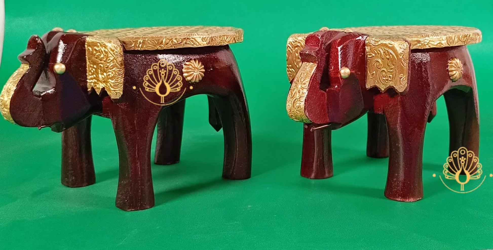 Wooden Brass Elephant Stool Home Decor