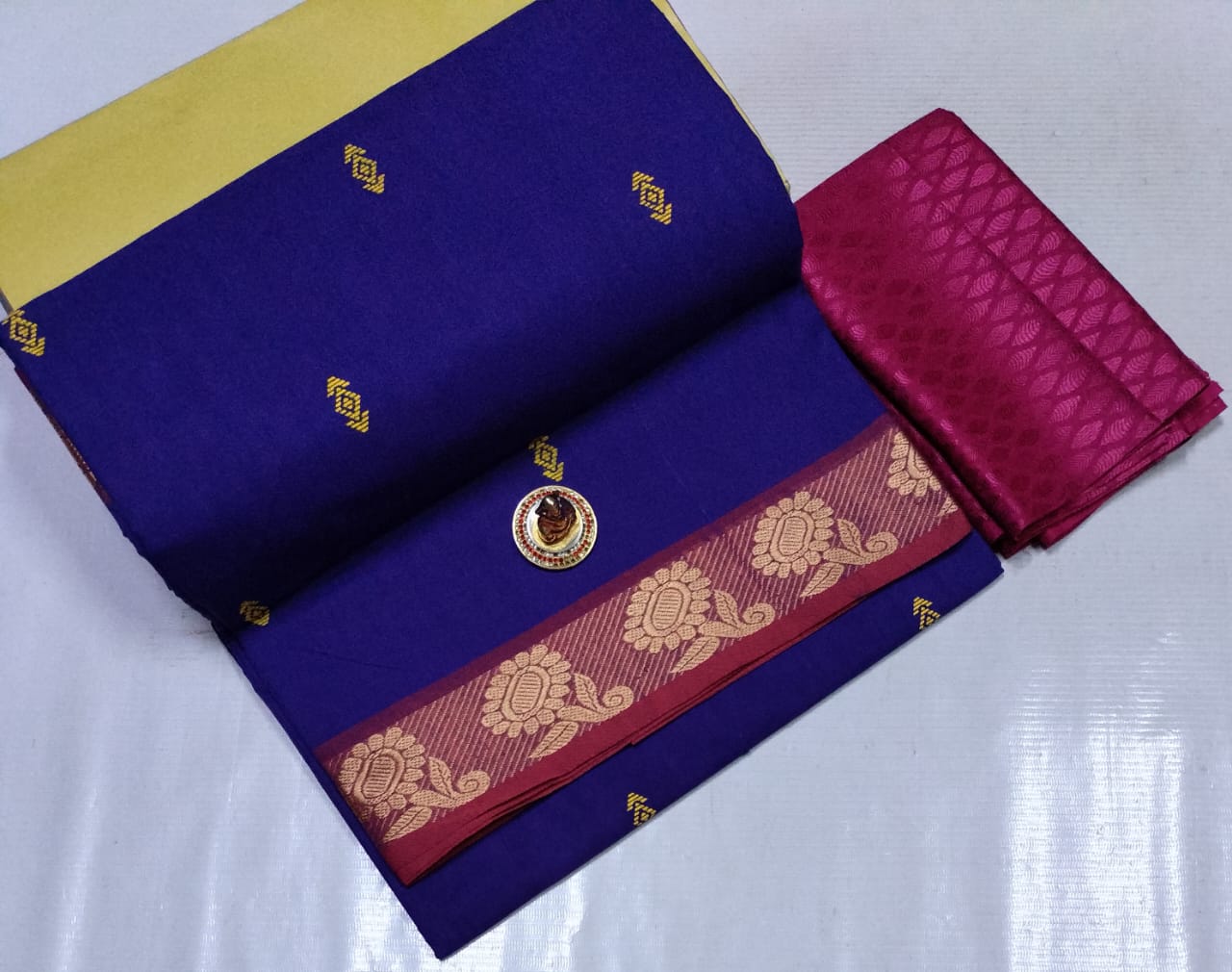 Chettinad Poly Cotton sarees with Kalamkari Blouse bit