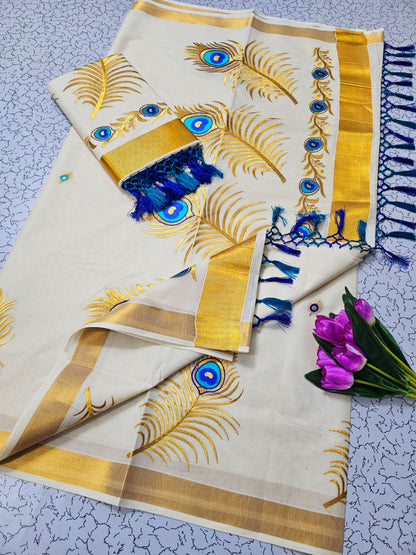 Kerala Saree with Embroidery in 
Golden Zari